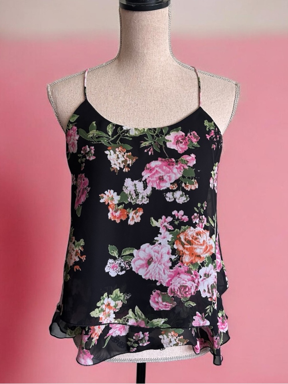 Floral Spaghetti Strap Cami Tank Top - Black/Pink